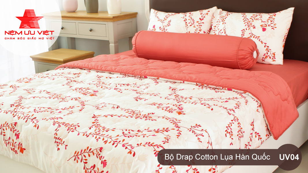 Bộ chăn drap cotton lụa Hàn Quốc UV04 cao cấp Nệm Ưu Việt